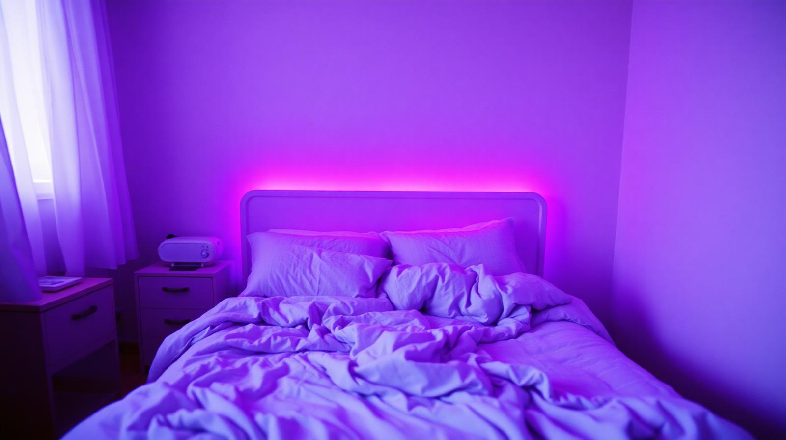 Soft lo-fi aesthetic bedroom in purple light